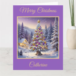 冬の森に咲く紫と金ゴールドのクリスマスツリー カード