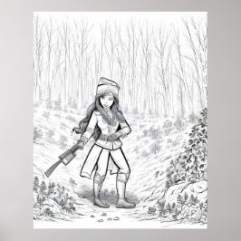 冬の森に箒を持つ女の子 ポスター