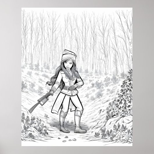 冬の森に箒を持つ女の子 ポスター (正面)