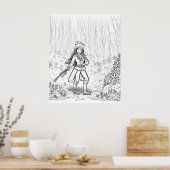 冬の森に箒を持つ女の子 ポスター (キッチン)