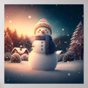 冬の森のかわいい雪だるま。 ポスター