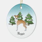 冬の森のイタリアン中で子犬と白のグレイハウンド セラミックオーナメント (左)