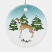 冬の森のイタリアン中で子犬と白のグレイハウンド セラミックオーナメント (裏面)