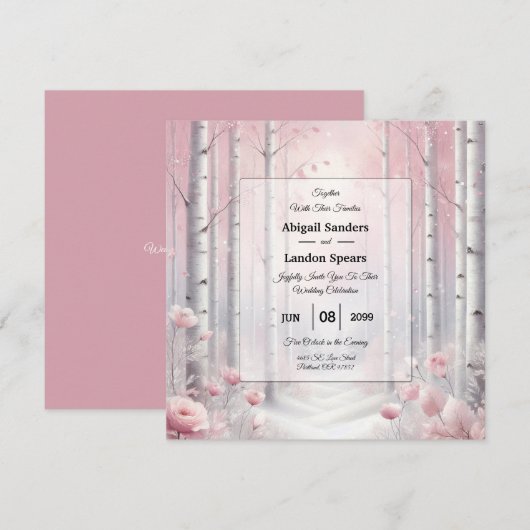 冬の森のウェディングで凍てついた花弁 招待状 (正面/裏面)