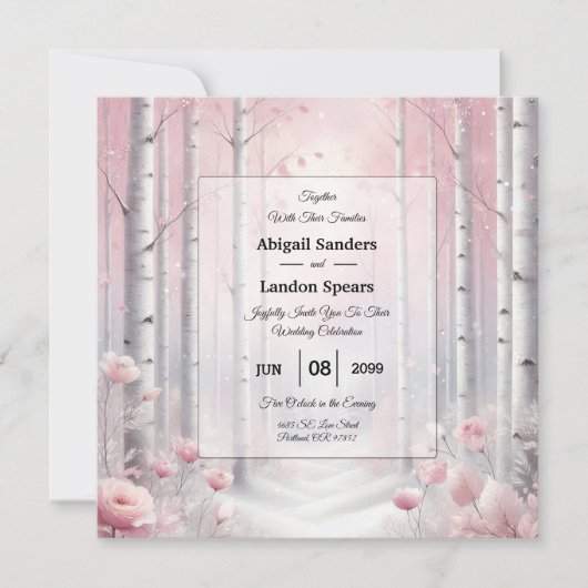 冬の森のウェディングで凍てついた花弁 招待状 (正面)