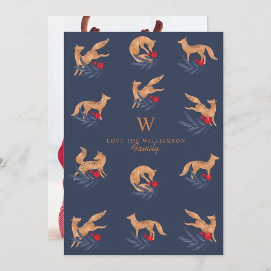 冬の森のキツネとフェスティバルの葉モノグラム シーズンカード (正面/裏面)