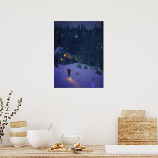冬の森のキャビンに向かう歩く ポスター (キッチン)
