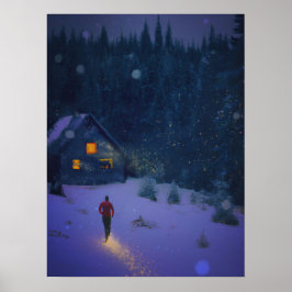 冬の森のキャビンに向かう歩く ポスター