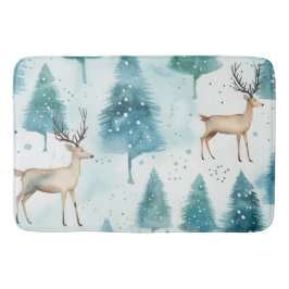 冬の森のクリスマスにウッドランドの水彩鹿 バスマット