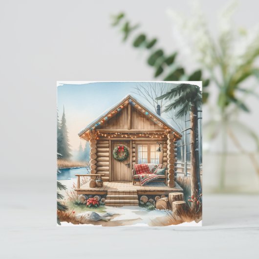 冬の森のクリスマスに小さなホームログキャビン シーズンカード (スタンド正面)