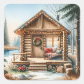冬の森のクリスマスに小さなホームログキャビン スクエアシール (正面)