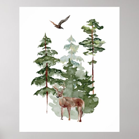 冬の森のクリスマスに水彩トナカイ ポスター (正面)