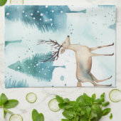 冬の森のクリスマスに水色の鹿 キッチンタオル (折り畳み)