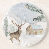 冬の森のクリスマスに水色の鹿 コースター (正面)
