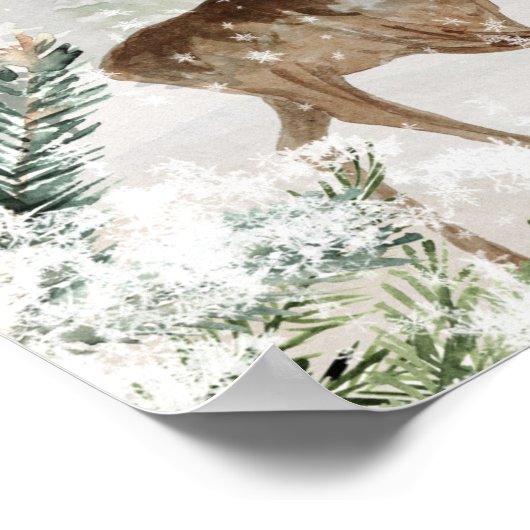 冬の森のクリスマスに水色の鹿 ポスター (角)