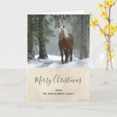 冬の森のクリスマスに風光明媚な茶色の馬 カード (黄色い花)