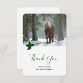 冬の森のクリスマスに風光明媚な茶色の馬 サンキューカード (正面/裏面)
