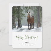 冬の森のクリスマスに風光明媚な茶色の馬 シーズンカード (正面)