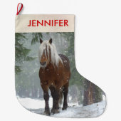 冬の森のクリスマスに風光明媚な茶色の馬 ラージクリスマスストッキング (正面)