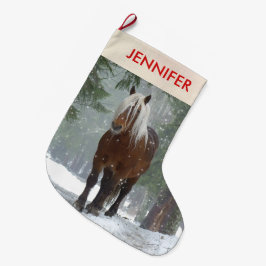 冬の森のクリスマスに風光明媚な茶色の馬 ラージクリスマスストッキング