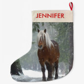 冬の森のクリスマスに風光明媚な茶色の馬 ラージクリスマスストッキング (裏面)