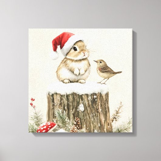 冬の森のクリスマスウサギと鳥 キャンバスプリント (正面)