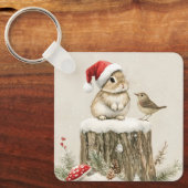 冬の森のクリスマスウサギと鳥 キーホルダー (正面)