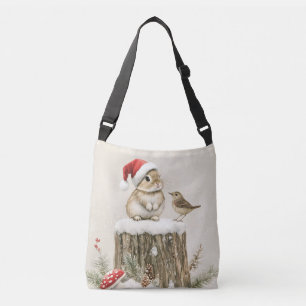 冬の森のクリスマスウサギと鳥 クロスボディバッグ