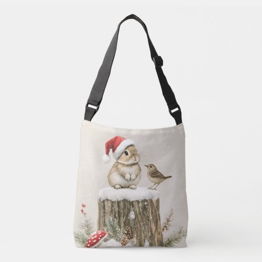 冬の森のクリスマスウサギと鳥 クロスボディバッグ (正面)