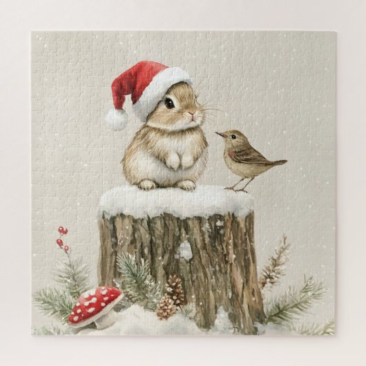 冬の森のクリスマスウサギと鳥 ジグソーパズル (縦)