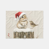 冬の森のクリスマスウサギと鳥 フリースブランケット (正面(横))