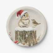 冬の森のクリスマスウサギと鳥 ペーパープレート (正面)