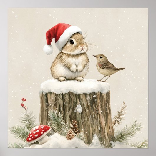 冬の森のクリスマスウサギと鳥 ポスター (正面)