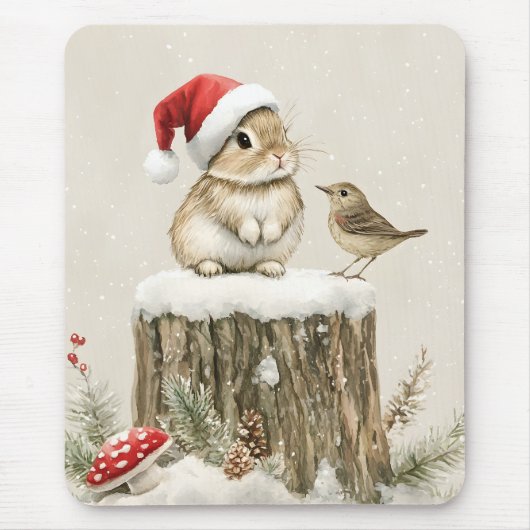 冬の森のクリスマスウサギと鳥 マウスパッド (正面)