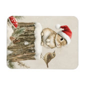 冬の森のクリスマスウサギと鳥 マグネット (横)