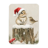 冬の森のクリスマスウサギと鳥 マグネット (縦)