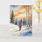 冬の森のクリスマスクロスカントリースキーヤー カード (黄色い花)