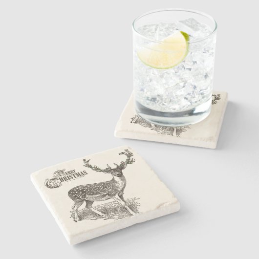 冬の森のクリスマスシカ ストーンコースター (横)