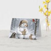 冬の森のクリスマススノーマンと動物 カード (黄色い花)