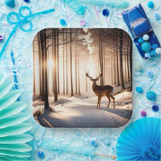 冬の森のクリスマスバック ペーパープレート (パーティー)