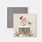 冬の森のクリスマス ウサギと鳥の雪景色 マグネット (正面/裏面)