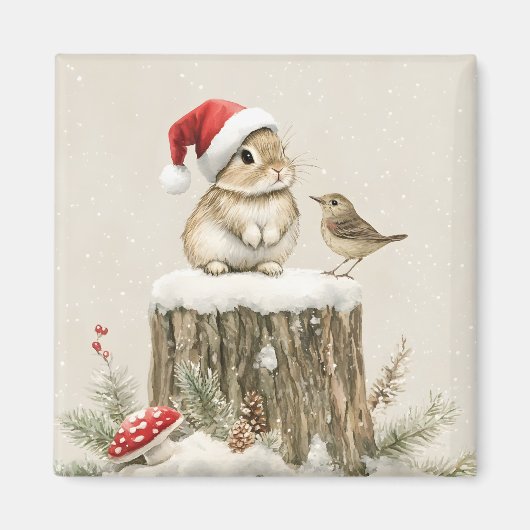 冬の森のクリスマス ウサギと鳥の雪景色 マグネット (正面)