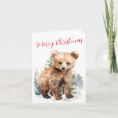 冬の森のグリズリーベアの子 ツリーの雪景色の中で シーズンカード (正面)