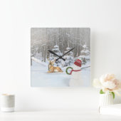 冬の森のシカが付いているクリスマスの雪だるま スクエア壁時計 (ホーム)