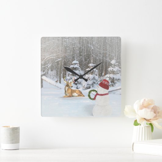 冬の森のシカが付いているクリスマスの雪だるま スクエア壁時計 (ホーム)