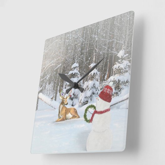 冬の森のシカが付いているクリスマスの雪だるま スクエア壁時計 (傾斜)