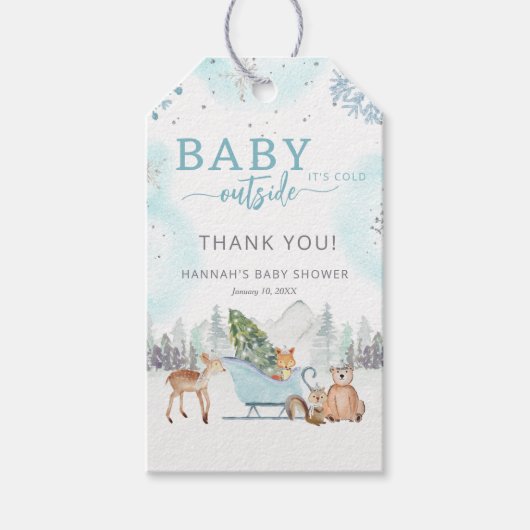 冬の森のベイビー シャワー 寒い外へ 赤ちゃんのシャワー ギフトタグ (正面)