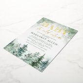 冬の森のベビーその冷たい外の赤ちゃんシャワー 箔招待状 (回転した状態)