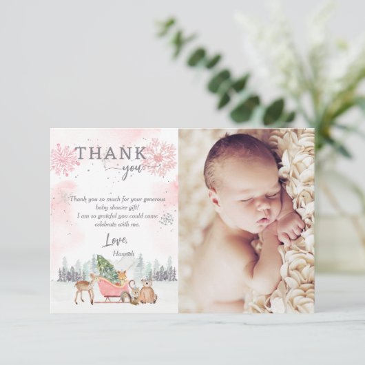 冬の森のベビーその冷たい外シャワー写真 サンキューカード (スタンド正面)