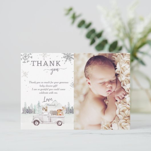 冬の森のベビーその冷たい外シャワー写真 サンキューカード (スタンド正面)